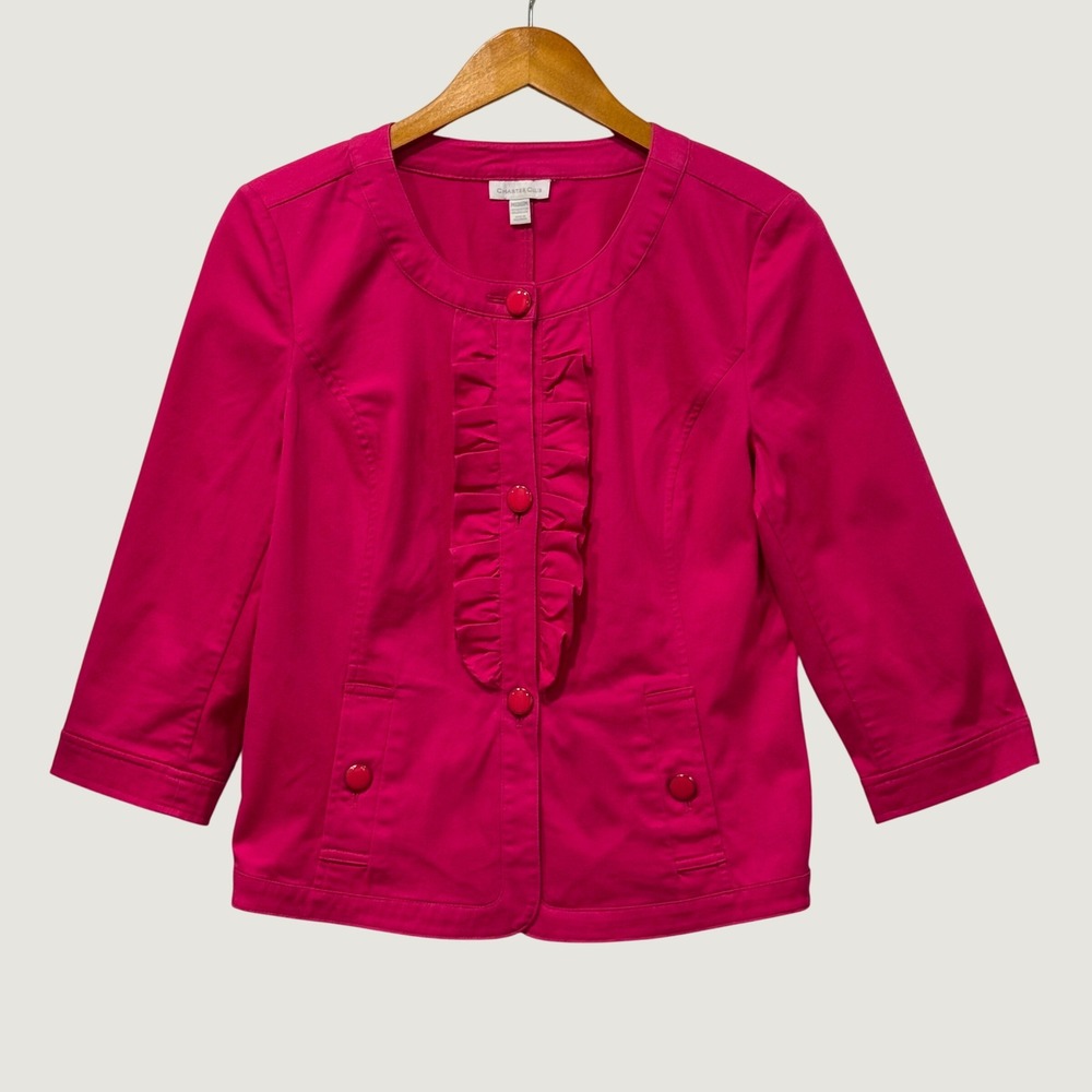 Charter Club Blazer Women M Pink Ruffle Front 3/4 Sleeve Cotton Stretch Coat